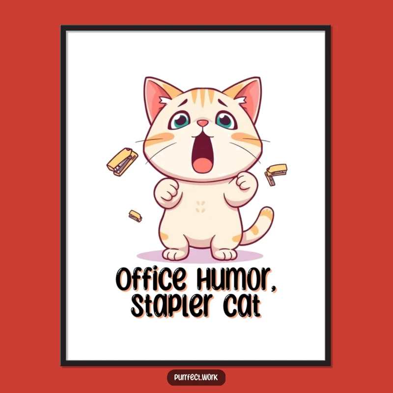 Free Printable Wall Art: Surprised Cat Stapler Juggling Funny Downloadable Art