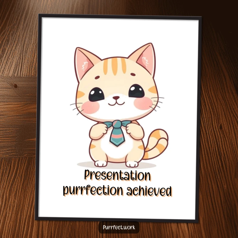 Funny Free Printable Wall Art: A tie-clad cat enthusiastically gives a business presentation.