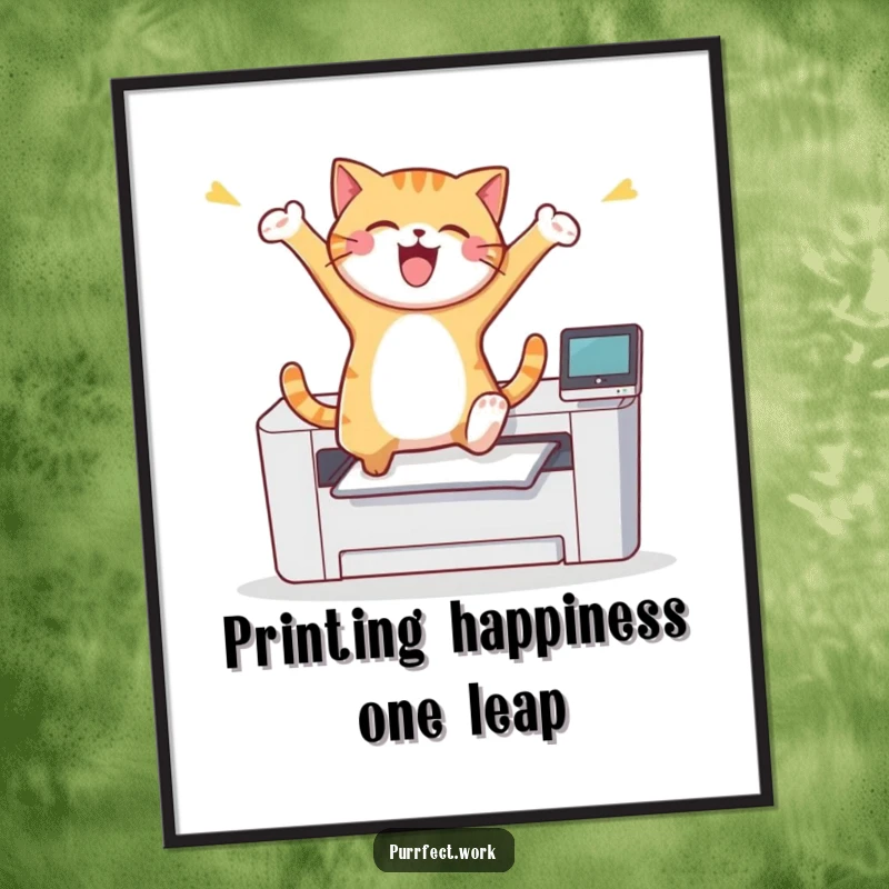 Funny Free Printable Wall Art: Joyful cat in mid-air, leaping triumphantly over a printer, full of energy.