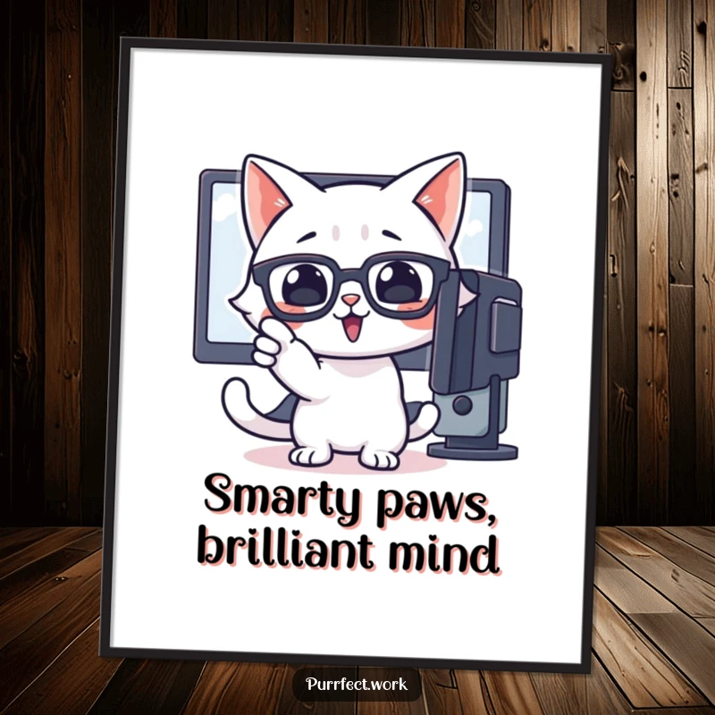 Funny Free Printable Wall Art of a cat with glasses enthusiastically pointing at a computer screen, offering insight.