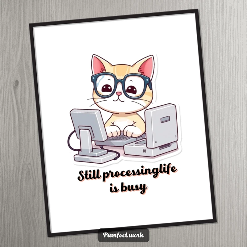 Funny Free Printable Wall Art: Cute cat with glasses intensely typing on a miniature computer, looking smart.