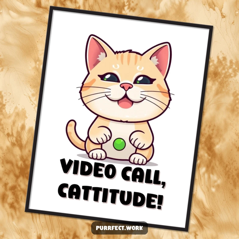 Funny Free Printable Wall Art: A cat makes a bizarre, distorted face during a video call, embracing the absurdity of online communication. Hilarious decor.