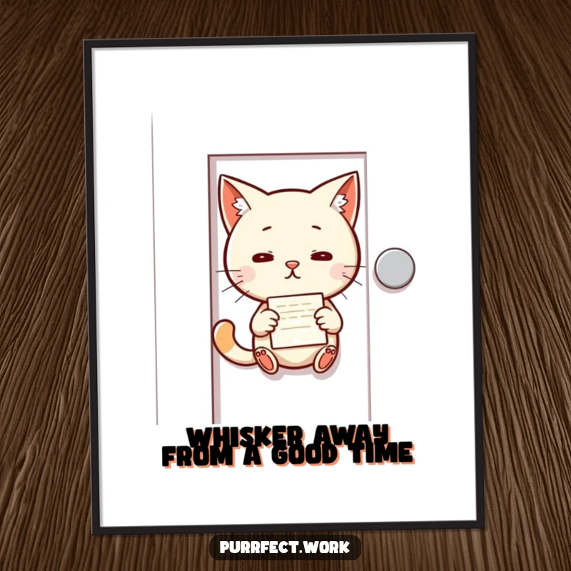 Funny Free Printable Wall Art: A mischievous cat is caught in the act of slipping a tiny memo under an office door.
