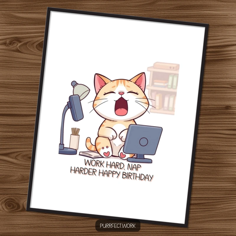 Funny Free Printable Wall Art: A sleepy cat yawning widely at its desk, looking utterly exhausted and relatable.