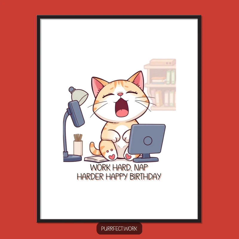 Free Printable Wall Art: Sleepy Cat Desk Yawn, Humorous Downloadable Decor, DIY Gift Idea