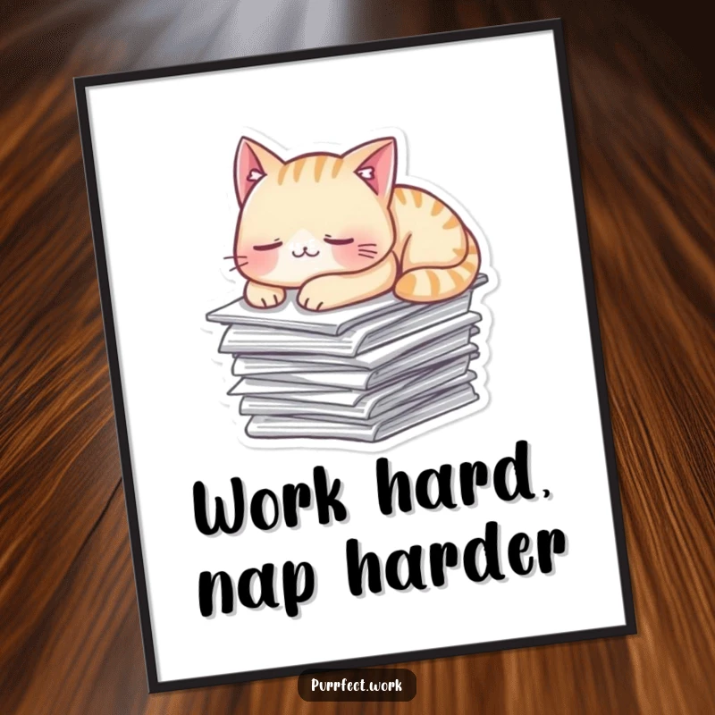 Funny Free Printable Wall Art depicting a mischievous cat napping peacefully on a stack of work papers.