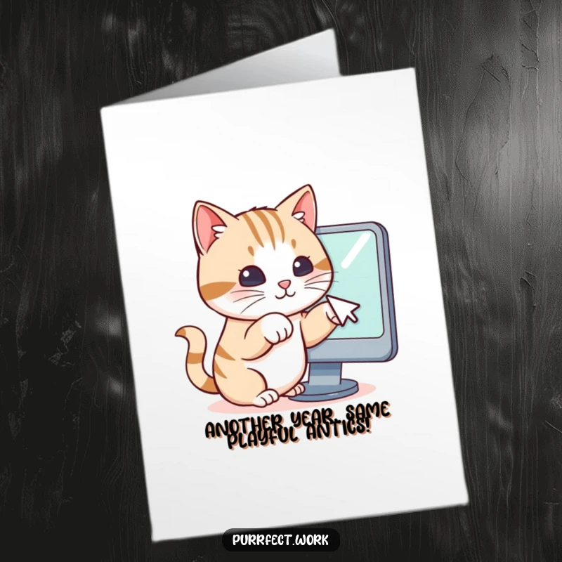 Funny Free Printable Birthday Card: A cat playfully paws at a computer mouse cursor on a glowing screen, digitally celebrating.