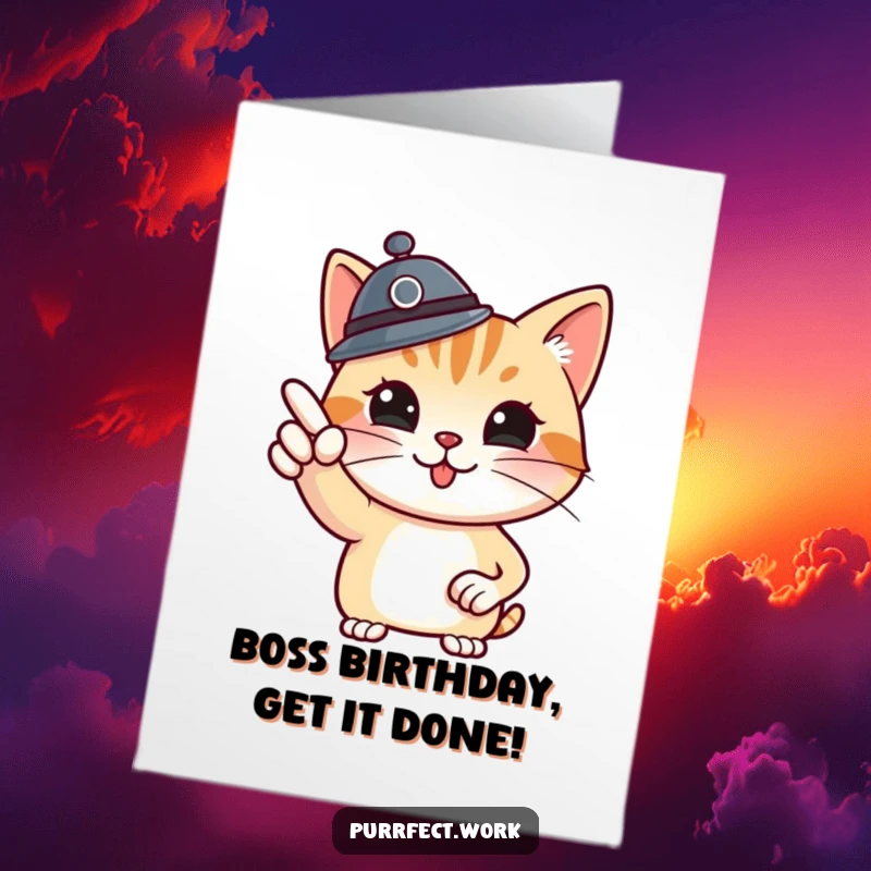 Funny Free Printable Boss Cat Birthday Card: Proud cat in boss hat pointing at a whiteboard announcing birthday plans.