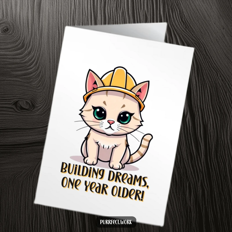 Funny Free Printable Birthday Card: Determined cat wearing a hard hat, ready to build a great birthday.