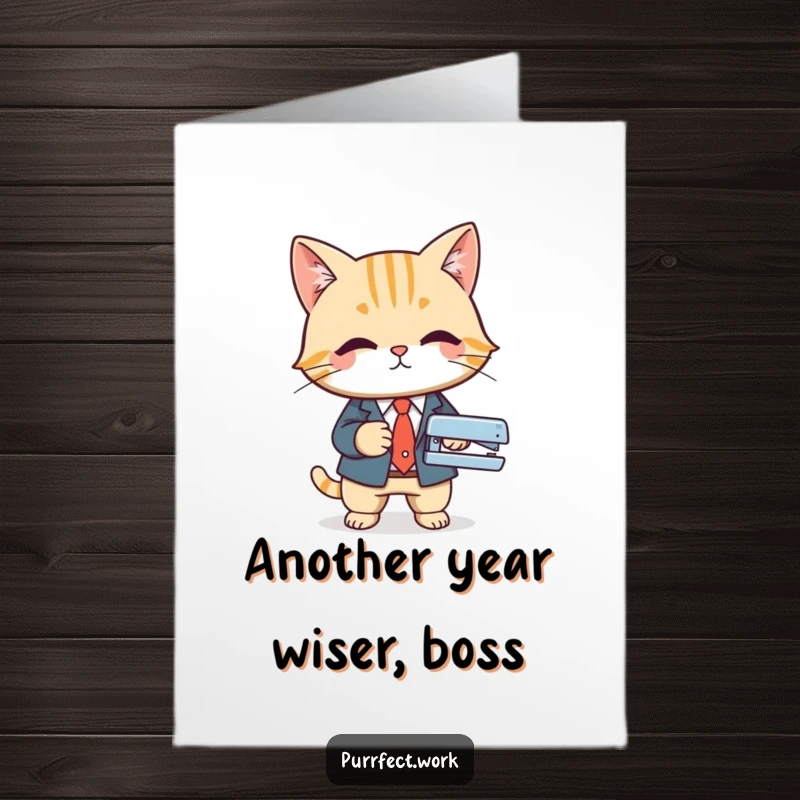 Funny Free Printable Birthday Card: Cat in a business suit uses a stapler, a formal yet funny birthday wish.