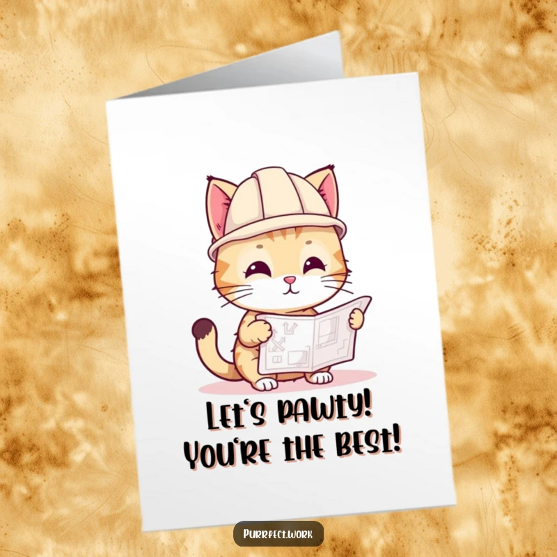 Funny Free Printable Birthday Card: Playful cat in a hard hat examines a blueprint, ready for construction.