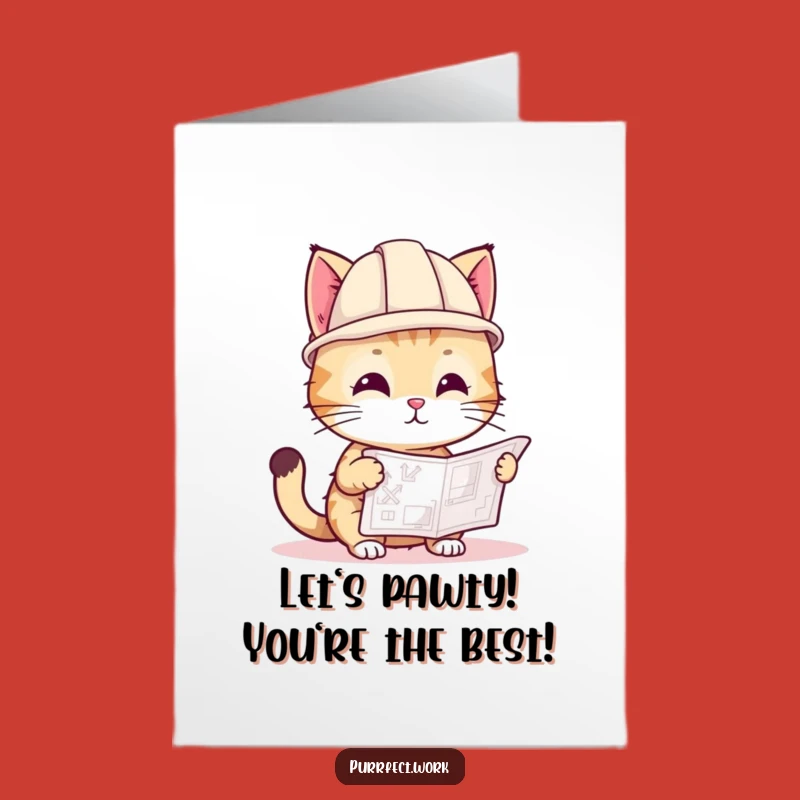 Free Printable Birthday Card: Construction Cat Building Wishes - Downloadable Funny Gift