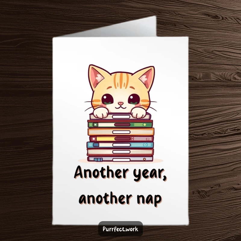 Funny Free Printable Birthday Card: A curious cat with wide eyes peeks over a tall stack of office files.