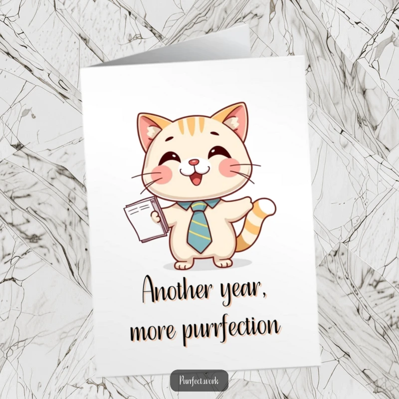 Funny Free Printable Birthday Card: Happy cat in a tiny tie holds a stack of papers, ready to celebrate.