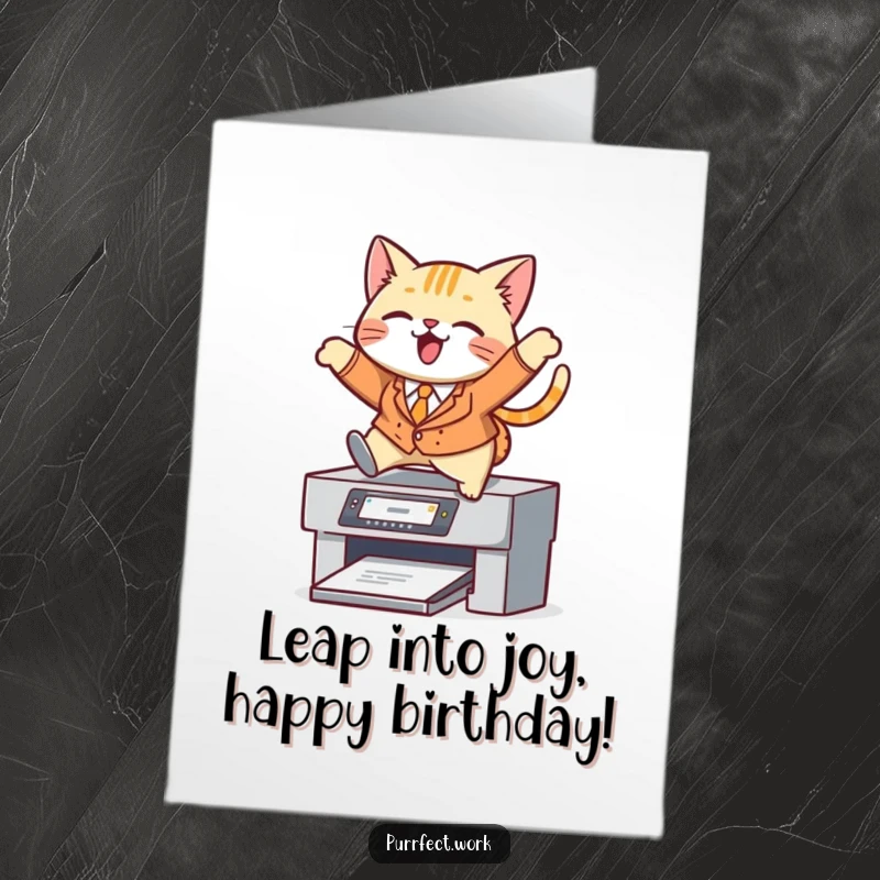 Funny Free Printable Birthday Card: A happy cat dressed in a tiny suit joyfully leaps over a printer, celebrating.