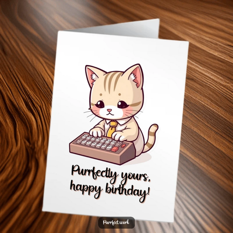 Funny free printable birthday card: a cute cat wearing a tiny tie types diligently on a miniature keyboard with focused paws.
