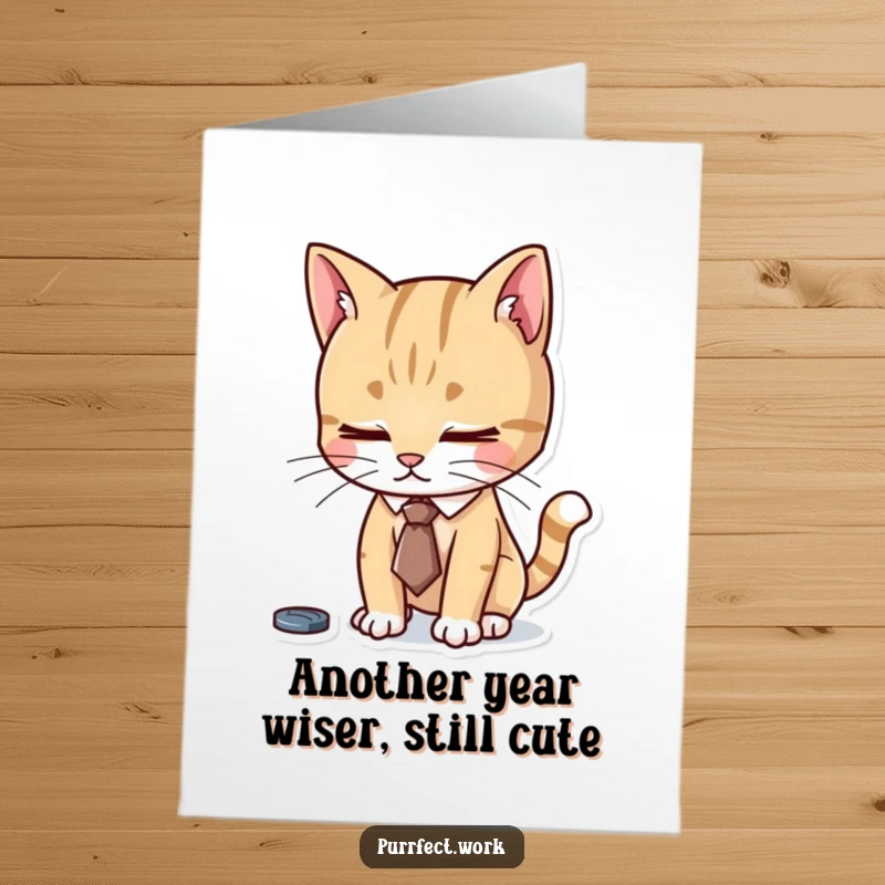 Funny Free Printable Birthday Card: A cat in a tiny tie works intently, celebrating your special day with focused cheer.