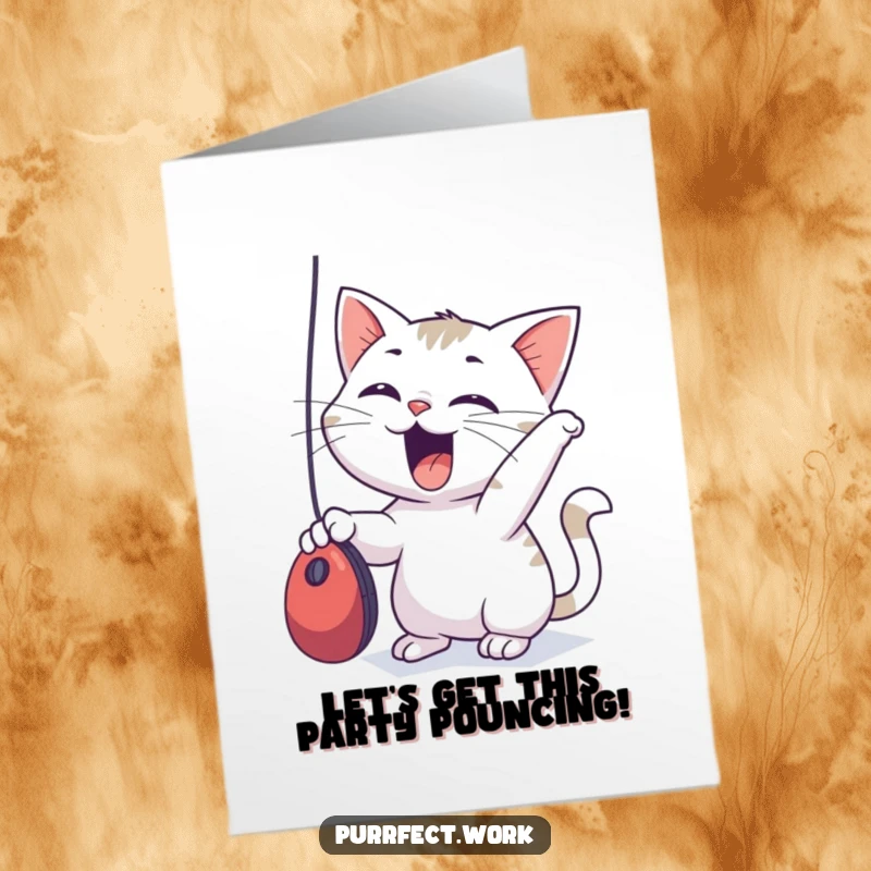 Funny Free Printable Birthday Card featuring an excited cat character playfully batting at a dangling computer mouse.