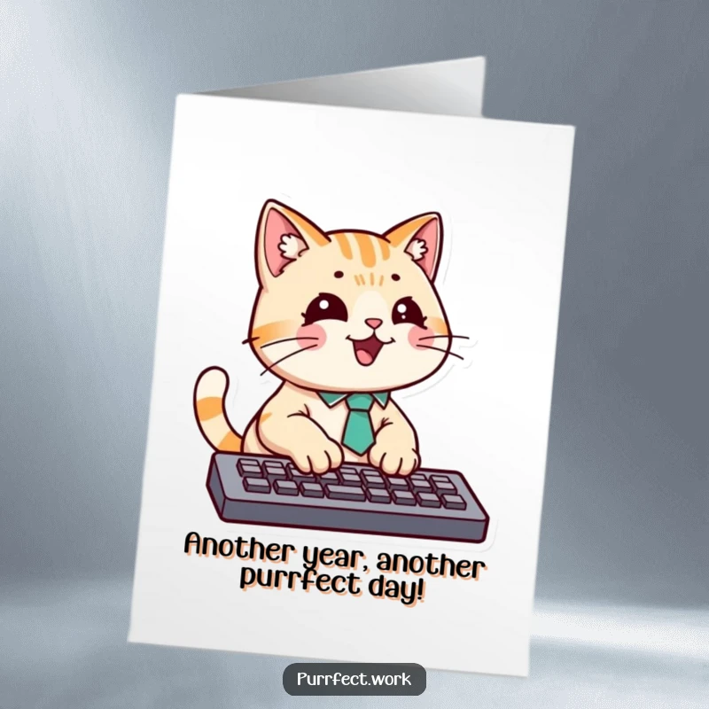 Funny Free Printable Birthday Card showing a cat in a tie typing furiously on a keyboard with energetic paws.