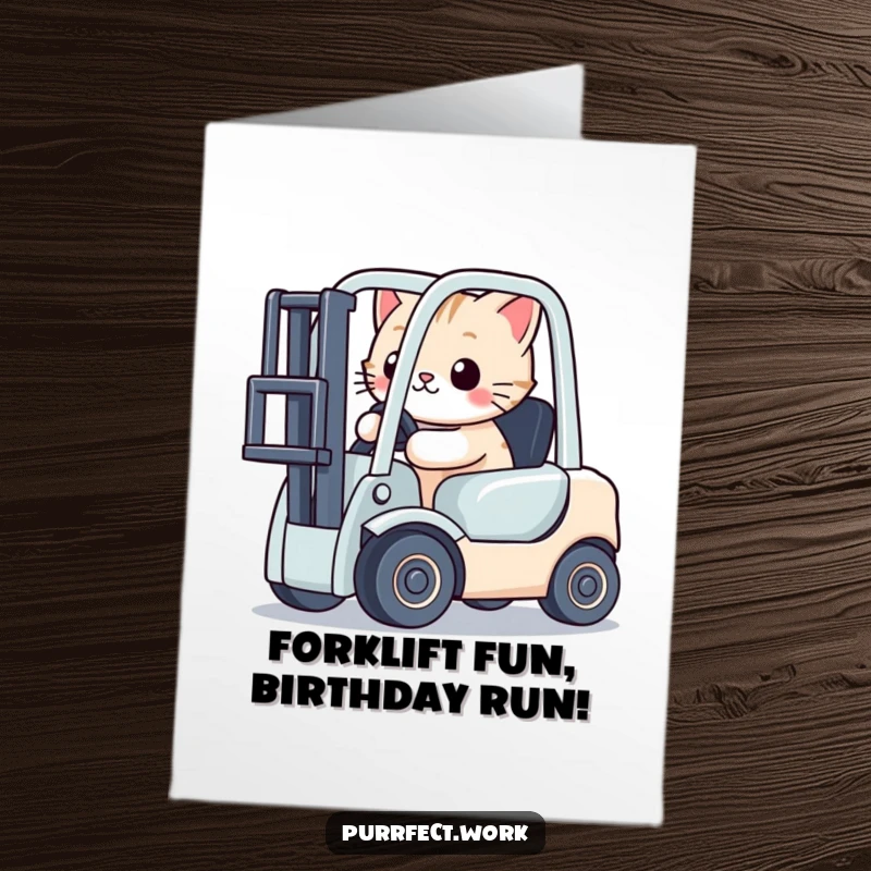 Funny Free Printable Birthday Card: Cute cat in a toy forklift, ready to deliver birthday cheer with a smile.