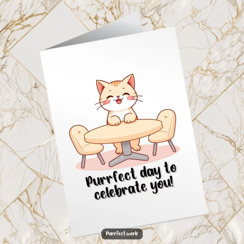 Funny Free Printable Birthday Card showing a cat in a tie leading a serious meeting with tiny chairs.