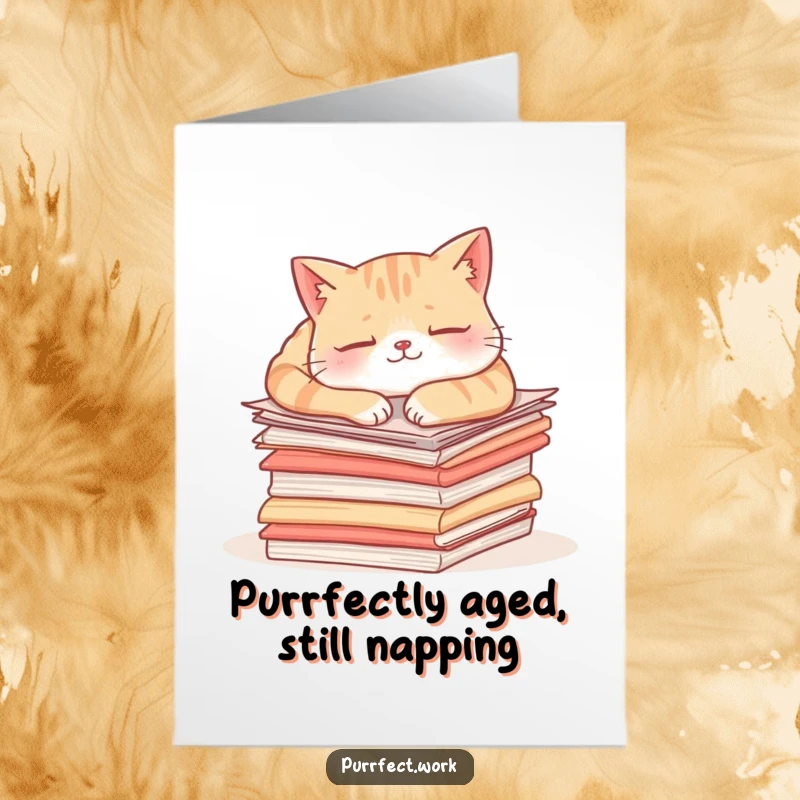 Funny free printable birthday card: Content cat napping deeply on a messy stack of work papers.