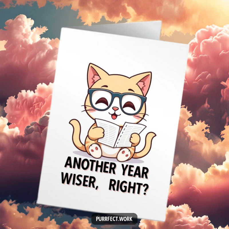 Funny free printable birthday card: A cat in glasses intensely studies a spreadsheet, looking bewildered. Perfect for office humor.