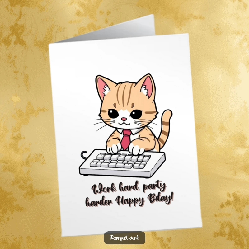Funny Free Printable Birthday Card: Cat in tie types wildly, sending work vibes for a bday greeting.