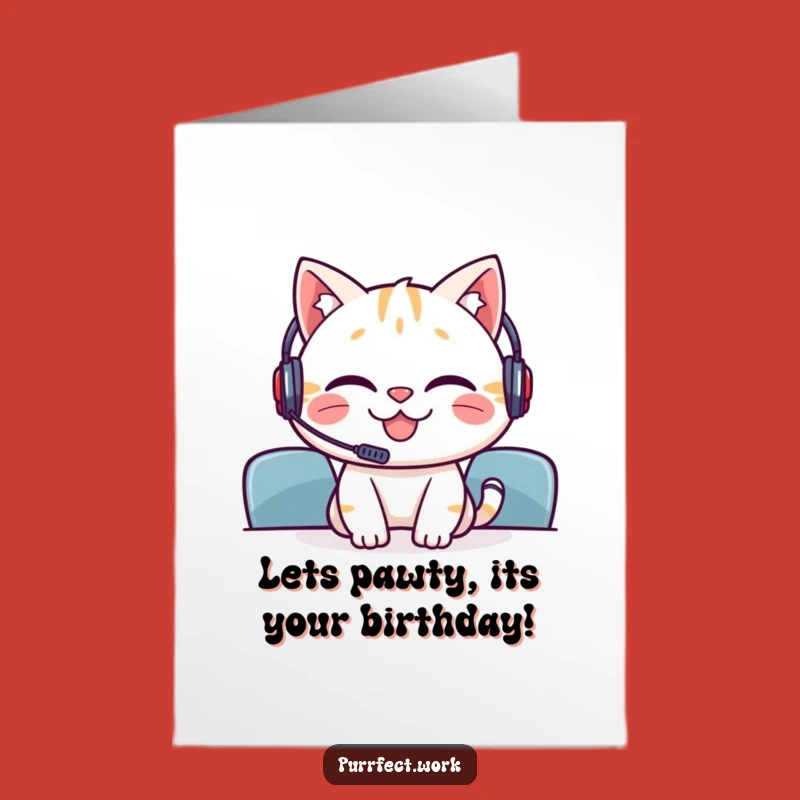 Free Printable Birthday Card: Grinning Cat, Meeting Headset Humor, Downloadable Gift