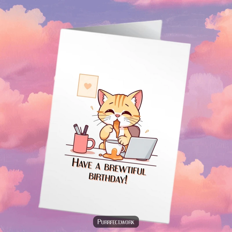 Funny Free Printable Birthday Card: Cat comically spills coffee on desk, a messy but hilarious birthday wish.