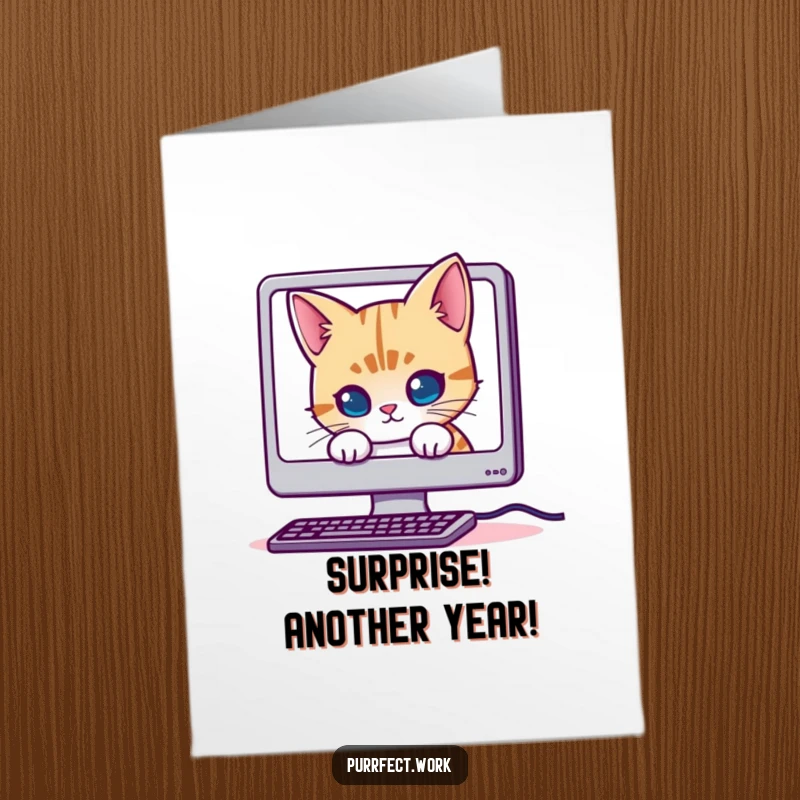 Funny Free Printable Birthday Card: Mischievous cat peeking from behind a computer monitor, ready to cause playful trouble.