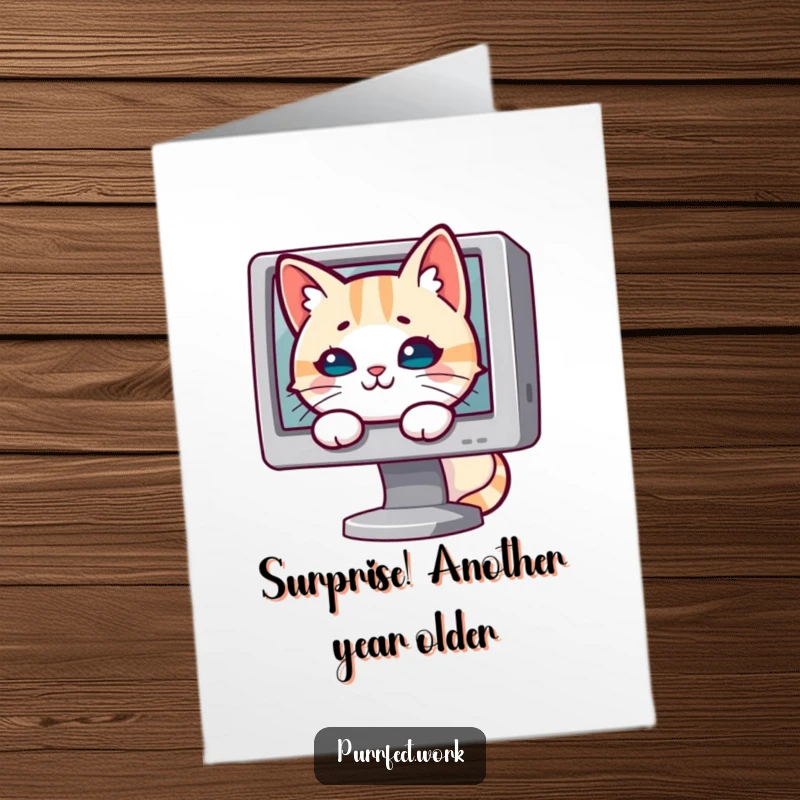 Funny Free Printable Birthday Card: A mischievous cat peeking from behind a computer monitor, planning birthday shenanigans with a sly grin.