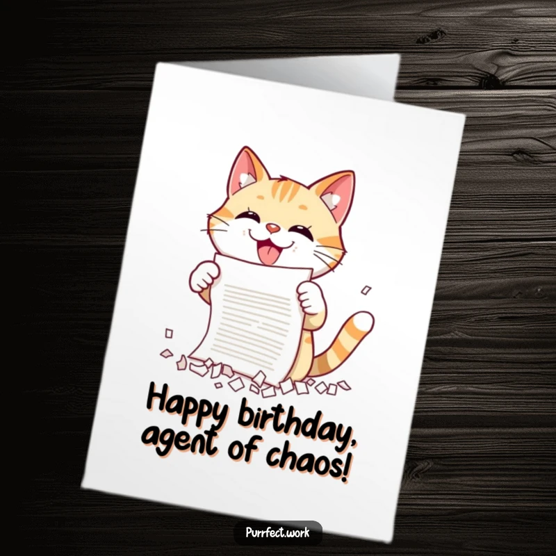 Funny Free Printable Birthday Card: A cat gleefully destroying a document with its claws, celebrating a birthday