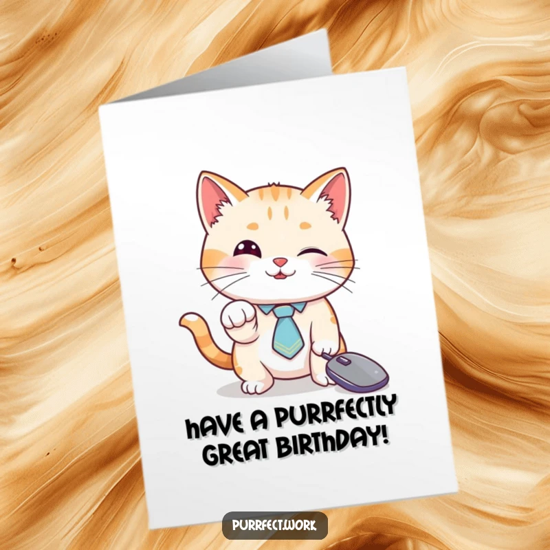 Funny Free Printable Birthday Card: A playful cat in a tiny tie humorously bats at a computer mouse cursor, wishing happy birthday.