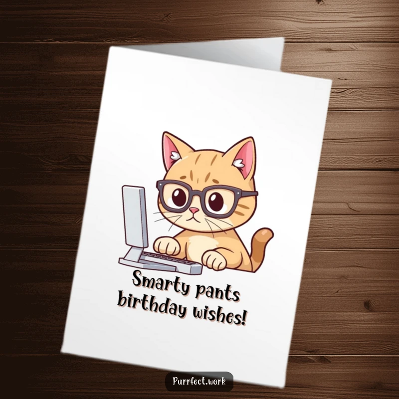 Funny Free Printable Birthday Card: Cat with glasses stares intently at computer, a smart and humorous greeting.