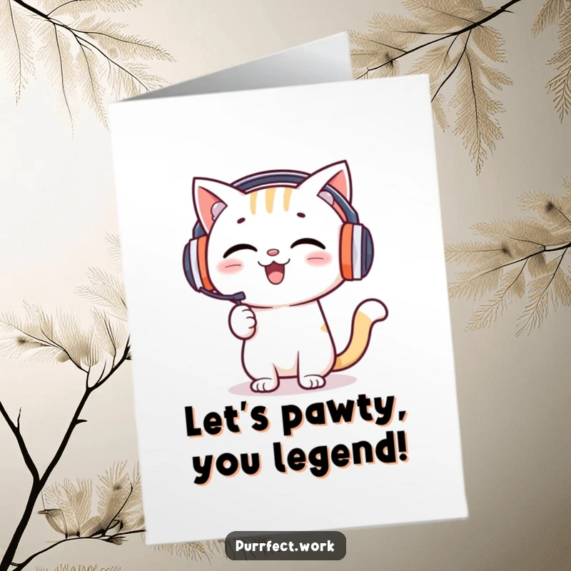 Funny Free Printable Birthday Card: Happy cat DJ with headphones enthusiastically presents, celebrating your special day with music.