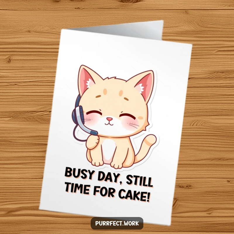 Funny Free Printable Birthday Card: Cheeky cat in headset talks on phone, looking busy and sarcastic.