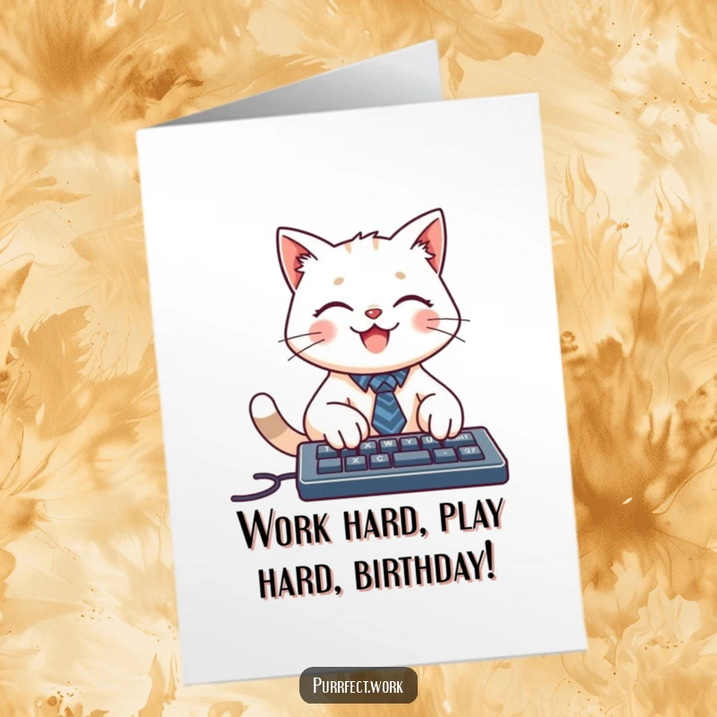 Funny Free Printable Birthday Card: Smiling cat wearing a tiny tie, typing diligently on a keyboard, business art