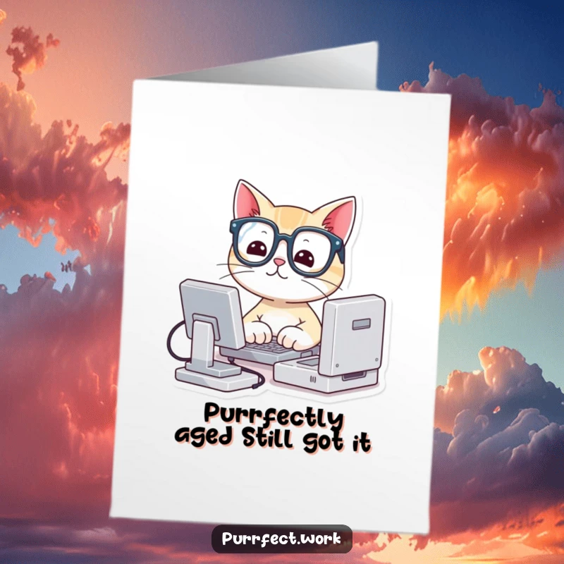 Funny Free Printable Birthday Card: Adorable cat with glasses typing on a mini computer wishes a happy birthday.