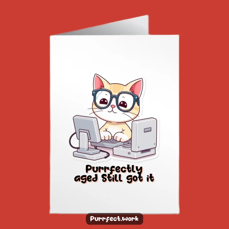 Free Printable Funny Cat Birthday Card: Cute Glasses Cat Typing for Laughs - Downloadable Gift