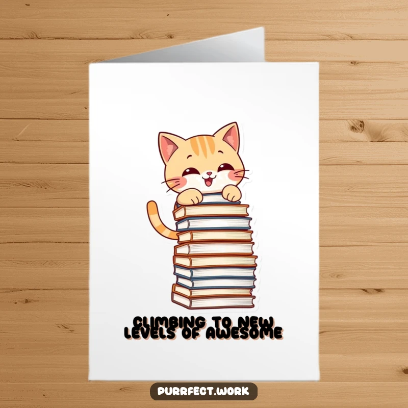 Funny Free Printable Birthday Card: Mischievous cat grins while climbing a tall stack of files, celebrating your special day.