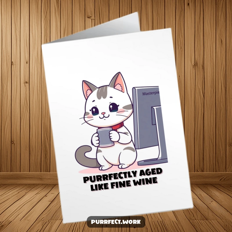 Funny Free Printable Birthday Card: Office cat with coffee intently watches monitor, ready to celebrate your special day.