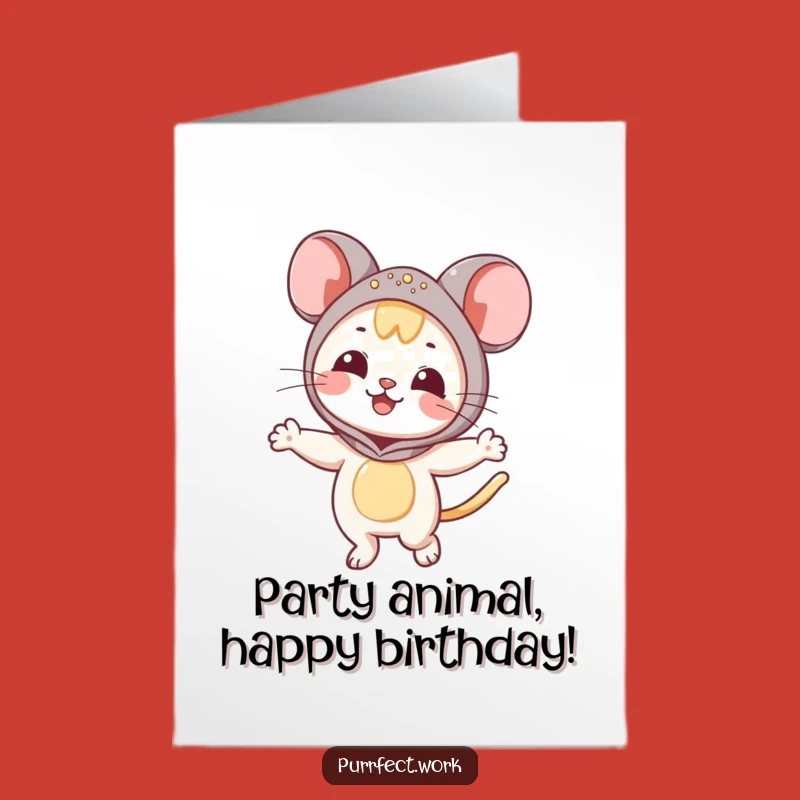 Free Printable Party Cat Birthday Card: Mouse Costume Cat Dancing Greeting