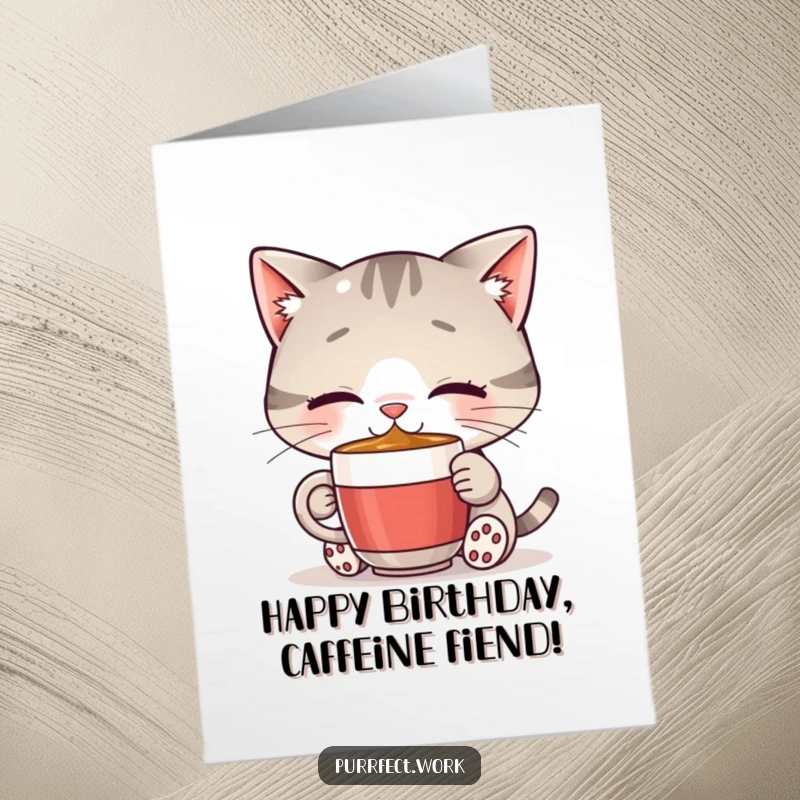 Funny Free Printable Birthday Card: A cat joyfully sipping from a tiny coffee mug, wishing happy birthday