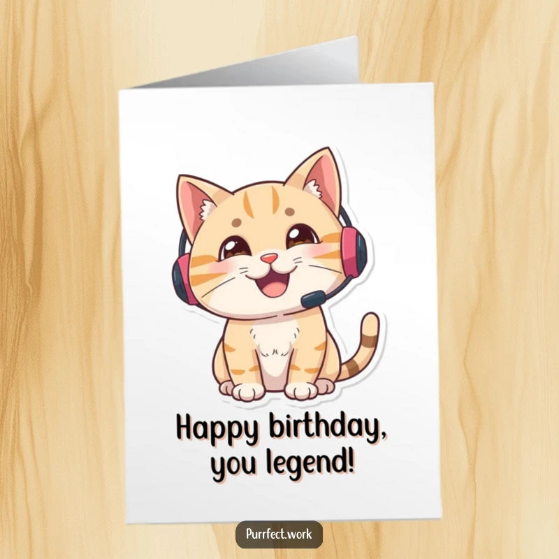 Funny Free Printable Support Cat Birthday Card: Delighted cat in headset looking alert and engaged for a birthday.