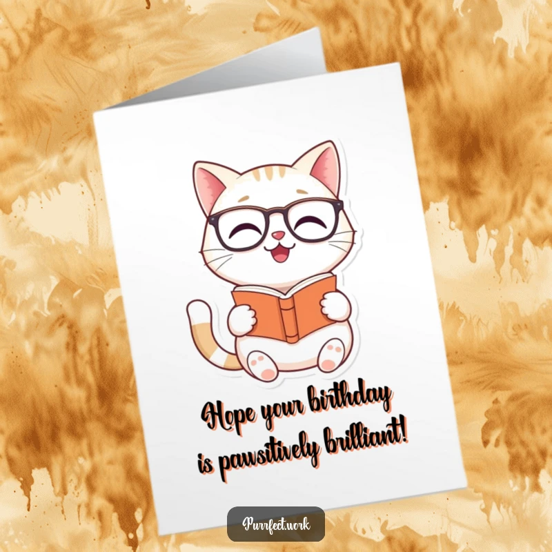 Funny Free Printable Birthday Card: A smiling cat wearing glasses is engrossed in reading a small book, wishing a happy birthday.
