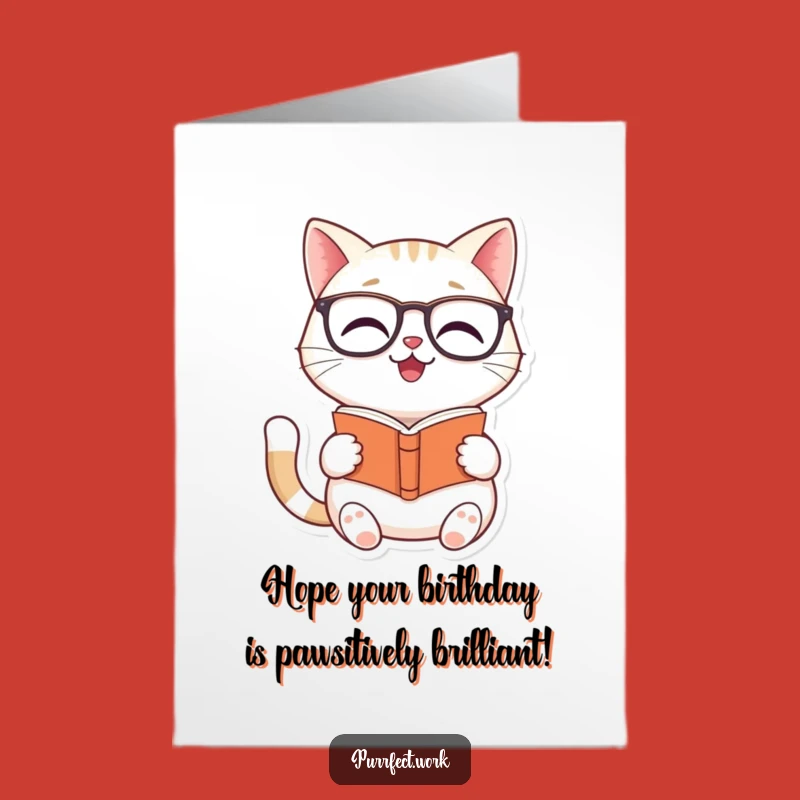 Free Printable Bookworm Cat Birthday Card: Smiling Cat Reading Glasses Greeting