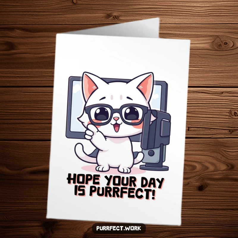 Funny Free Printable Birthday Card featuring a cat with glasses enthusiastically pointing at a computer screen.