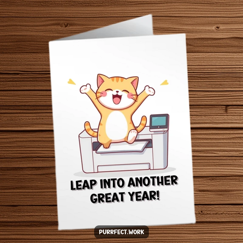 Funny Free Printable Birthday Card: Joyful cat mid-leap over a printer, celebrating with pure excitement.