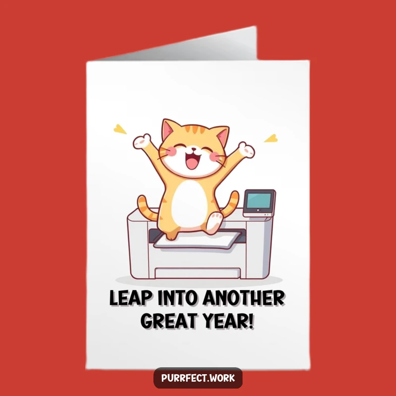 Free Printable Birthday Card: Joyful Cat Printer Leap, Funny Downloadable Gift!